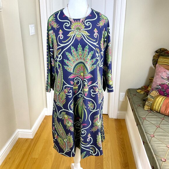 Gretchen Scott Dress Jersey Knit Crew Neck Long Sleeve Navy Multi Pattern (L) - Picture 1 of 8